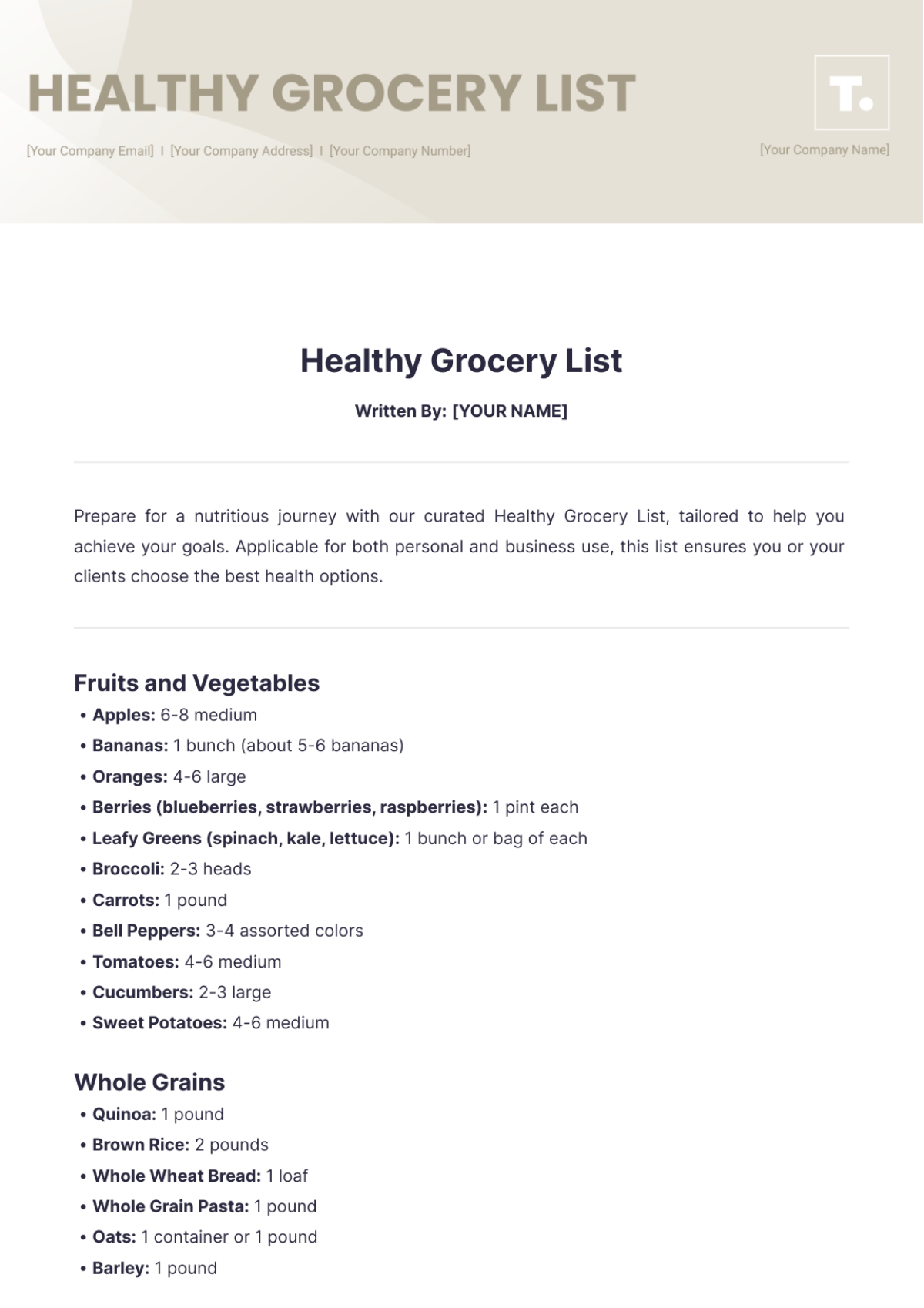 Healthy Grocery List Template - Edit Online & Download