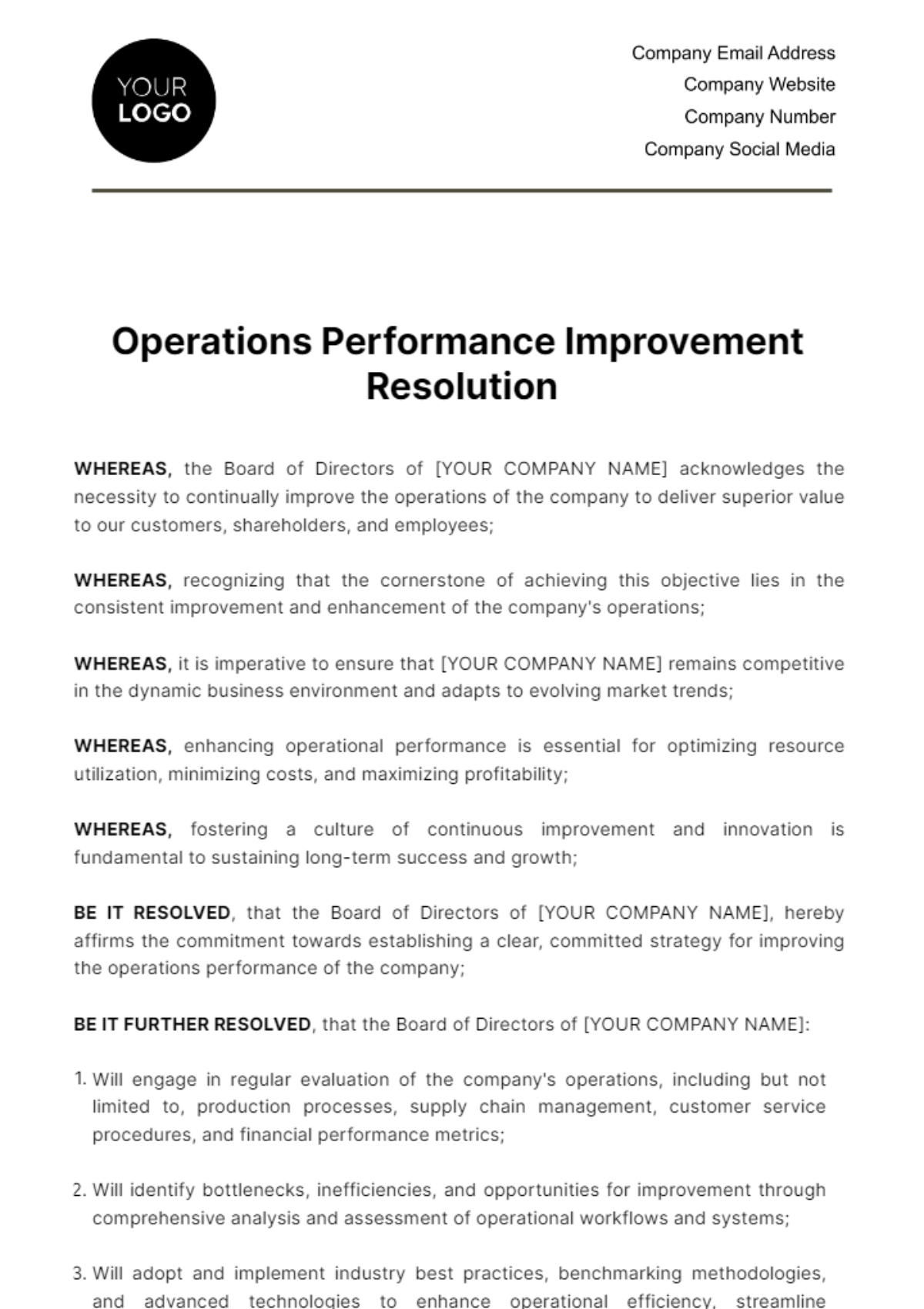 Operations Performance Improvement Resolution Template - Edit Online & Download