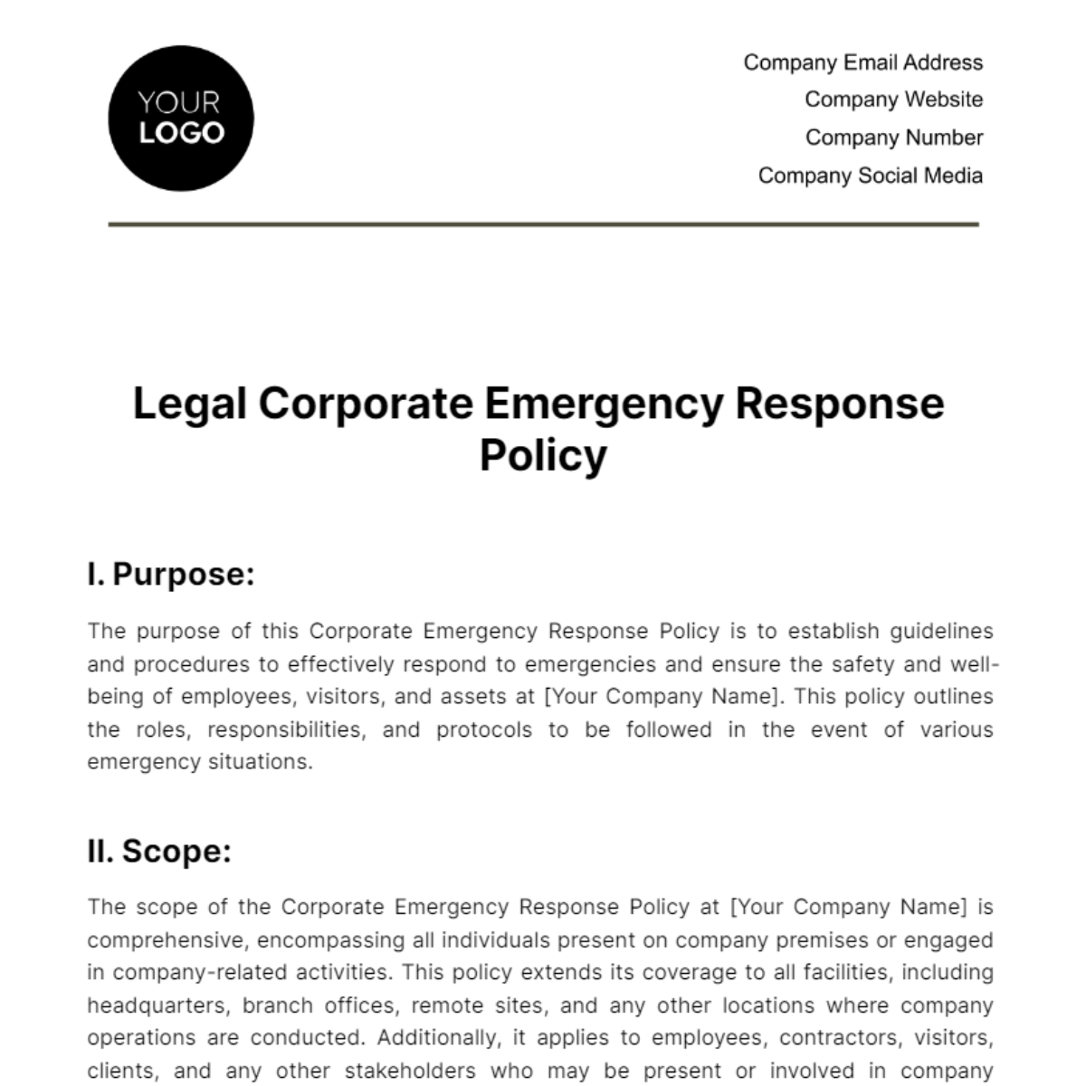 Legal Corporate Emergency Response Policy Template