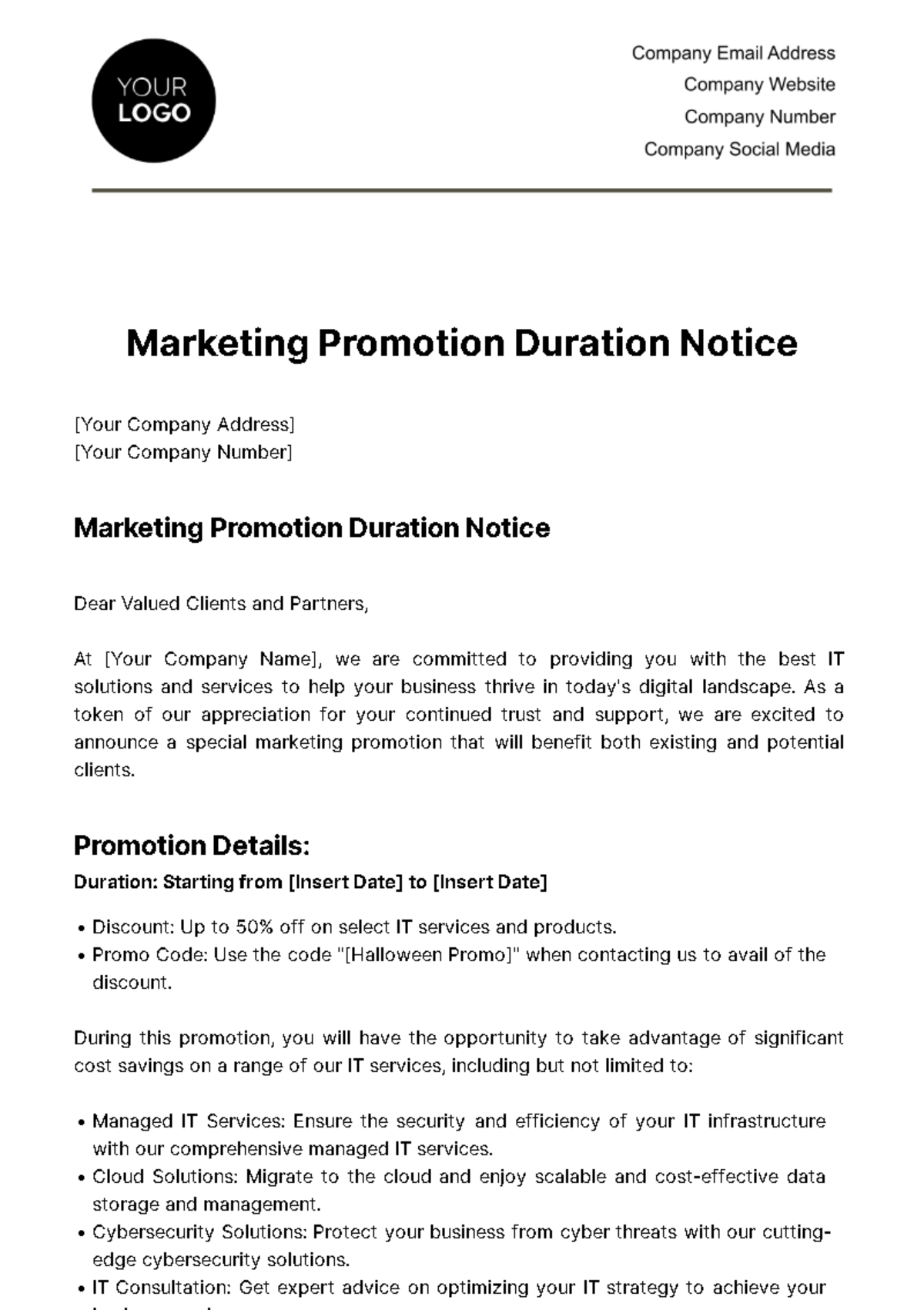 Marketing Promotion Duration Notice Template