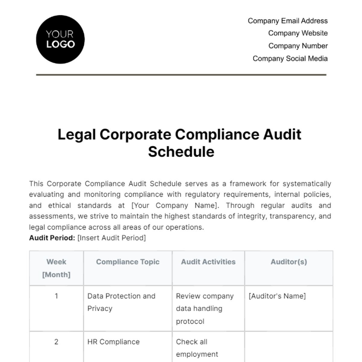 Legal Corporate Compliance Audit Schedule Template