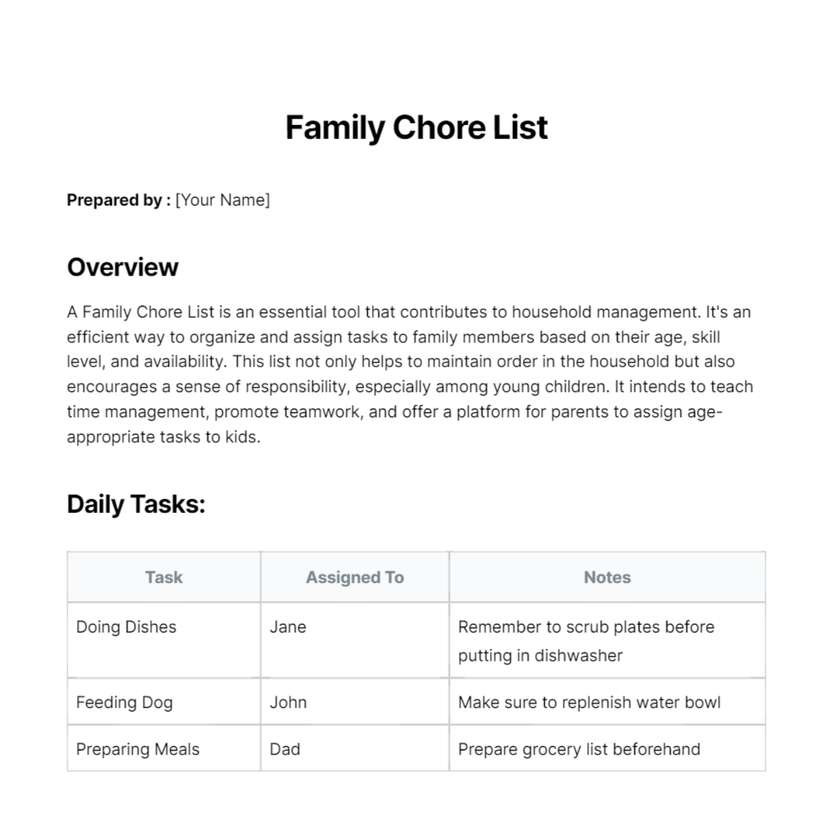 Family Chore List Template
