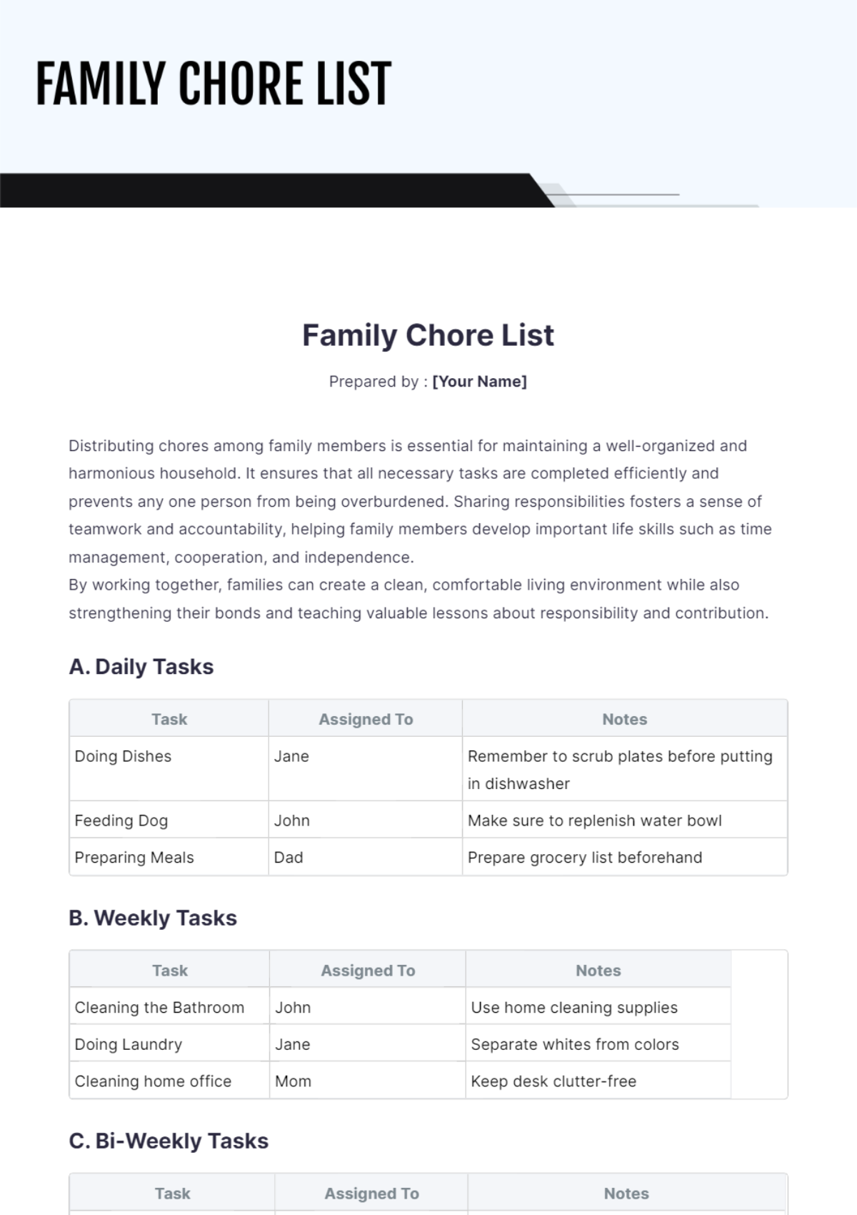 Family Chore List Template - Edit Online & Download