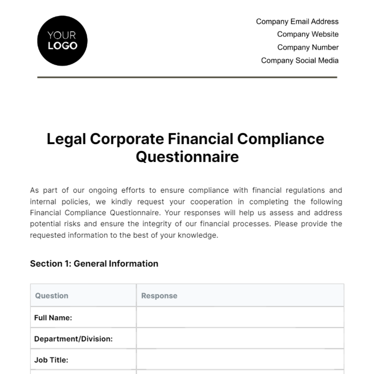 Legal Corporate Financial Compliance Questionnaire Template
