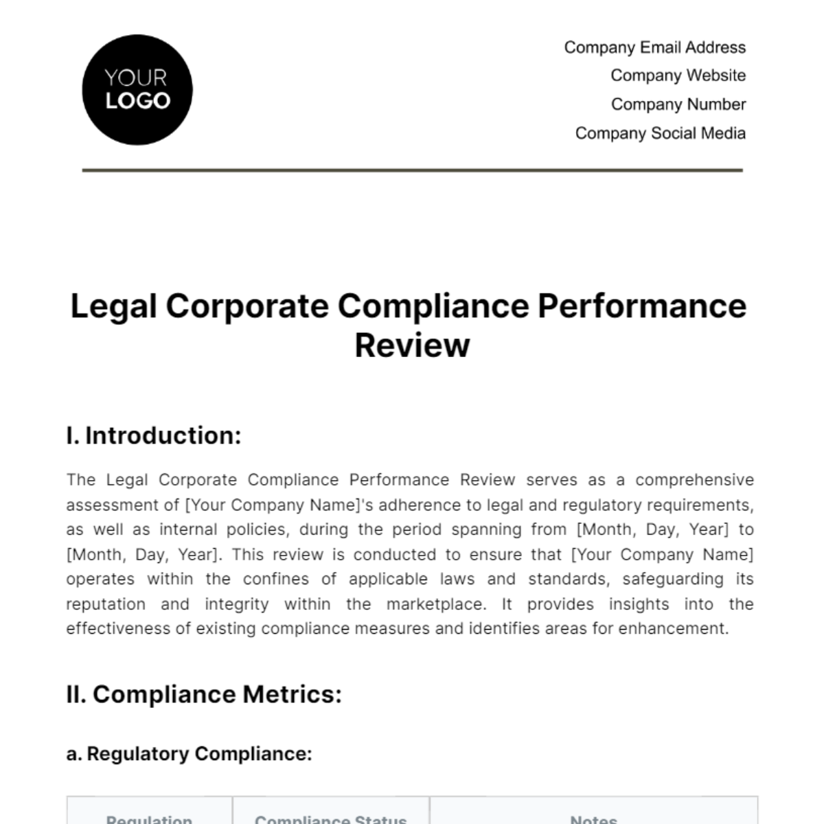 Legal Corporate Compliance Performance Review Template
