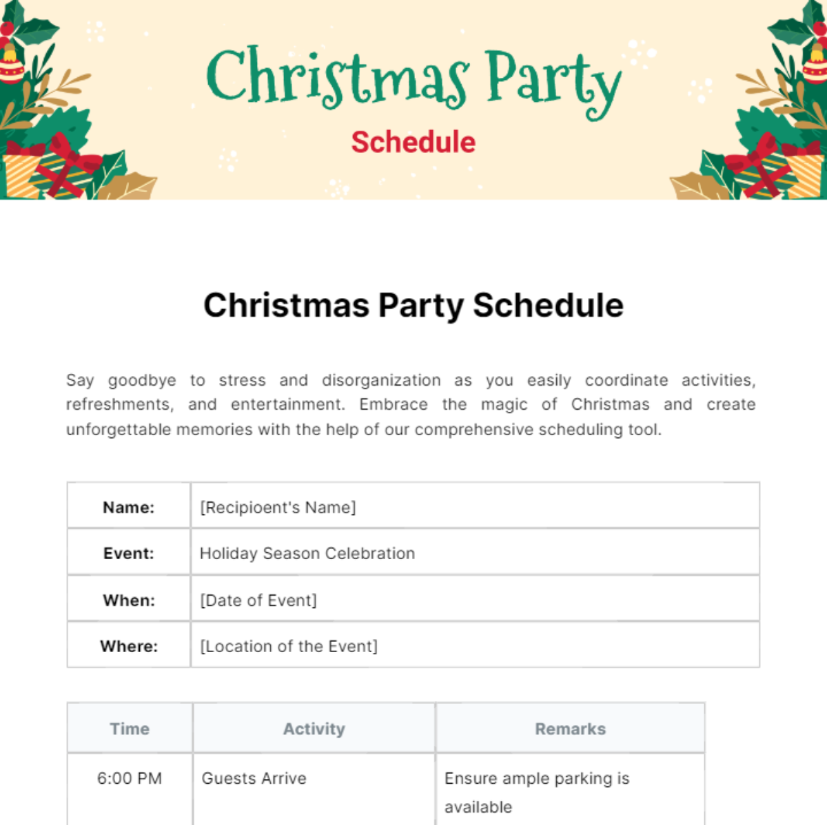 Christmas Party Schedule Template - Edit Online & Download