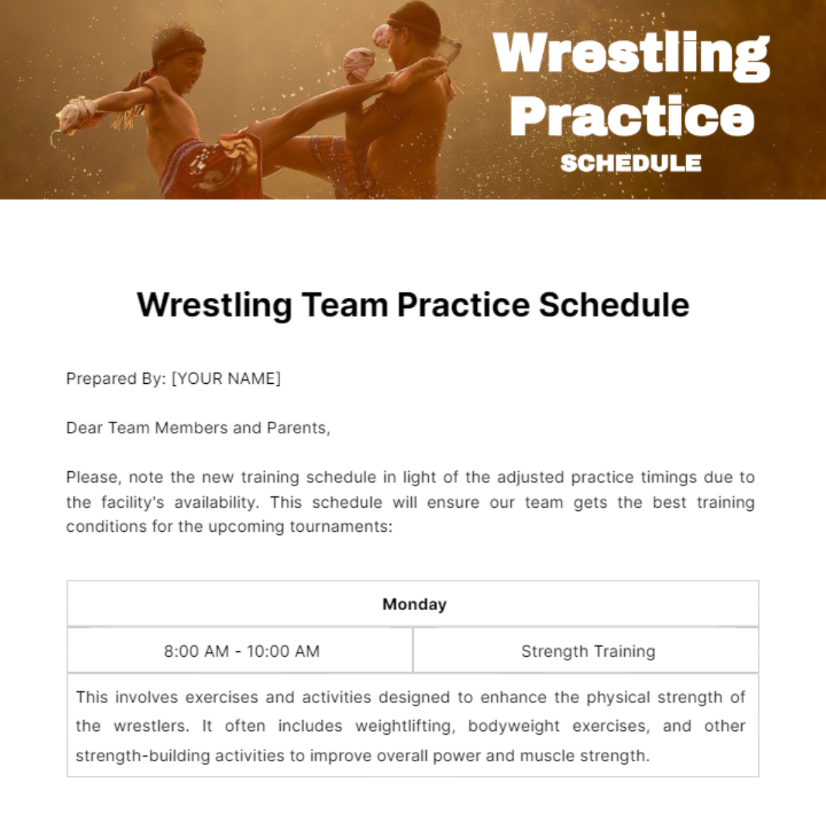 Wrestling Practice Schedule Template - Edit Online & Download