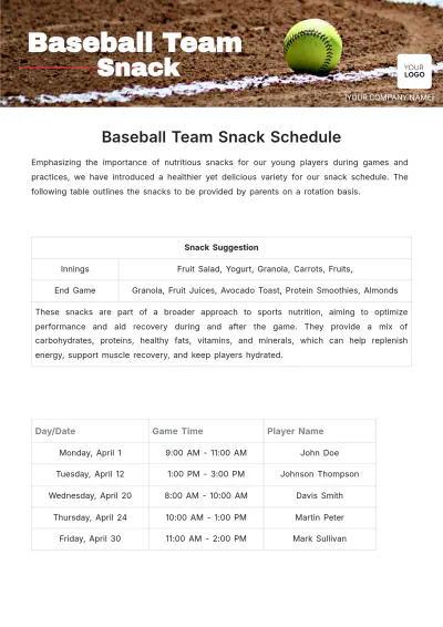 Free Baseball Team Snack Schedule Template to Edit Online