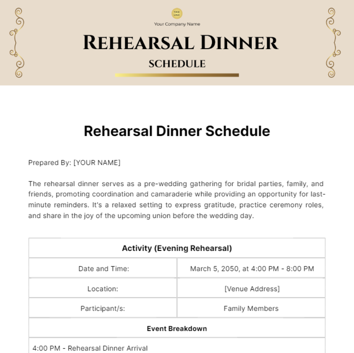 Rehearsal Dinner Schedule Template - Edit Online & Download