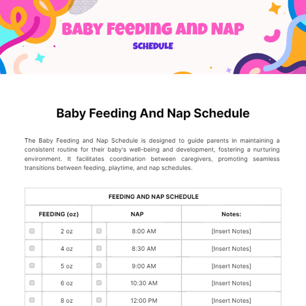 Baby Feeding And Nap Schedule Template - Edit Online & Download