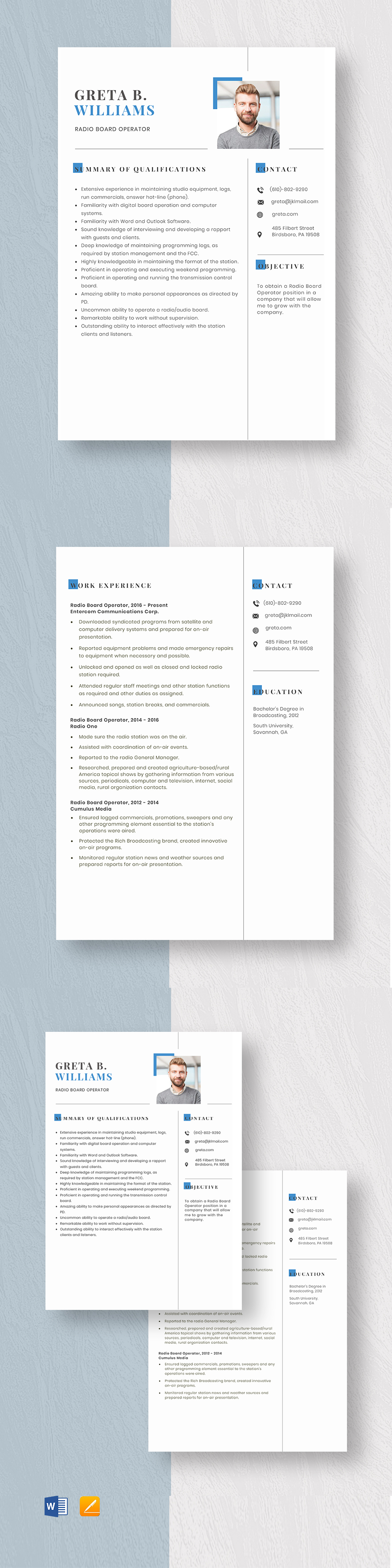 Radio Board Operator Resume Template Word, Apple Pages