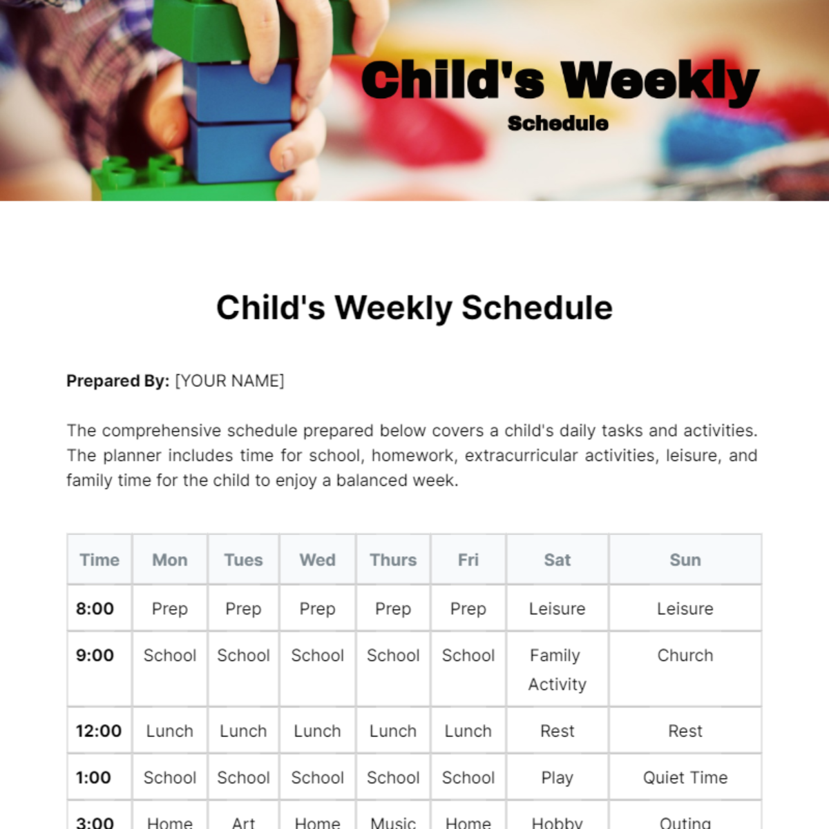 Child Weekly Schedule Template - Edit Online & Download