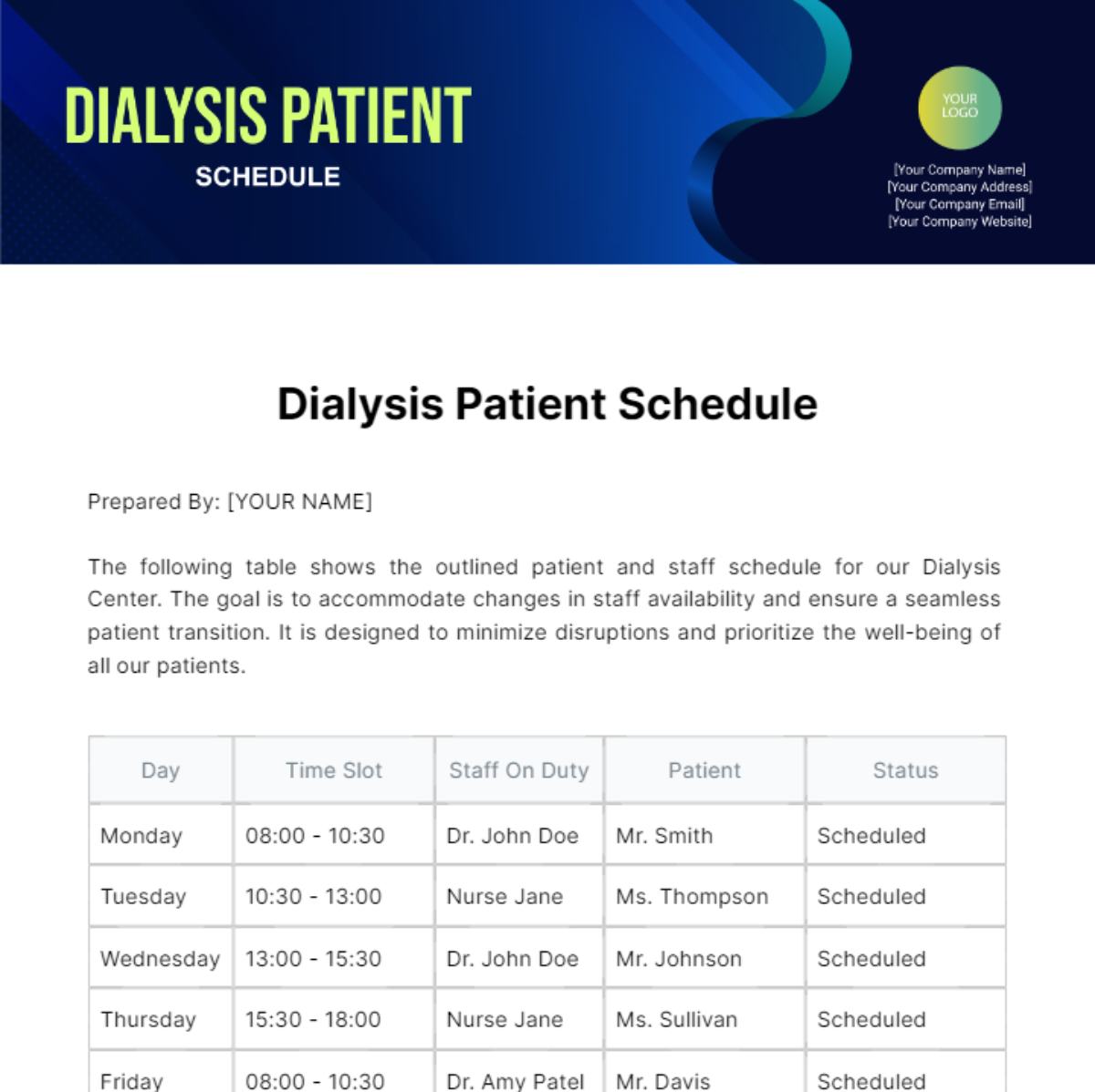 Free Dialysis Patient Schedule Template to Edit Online