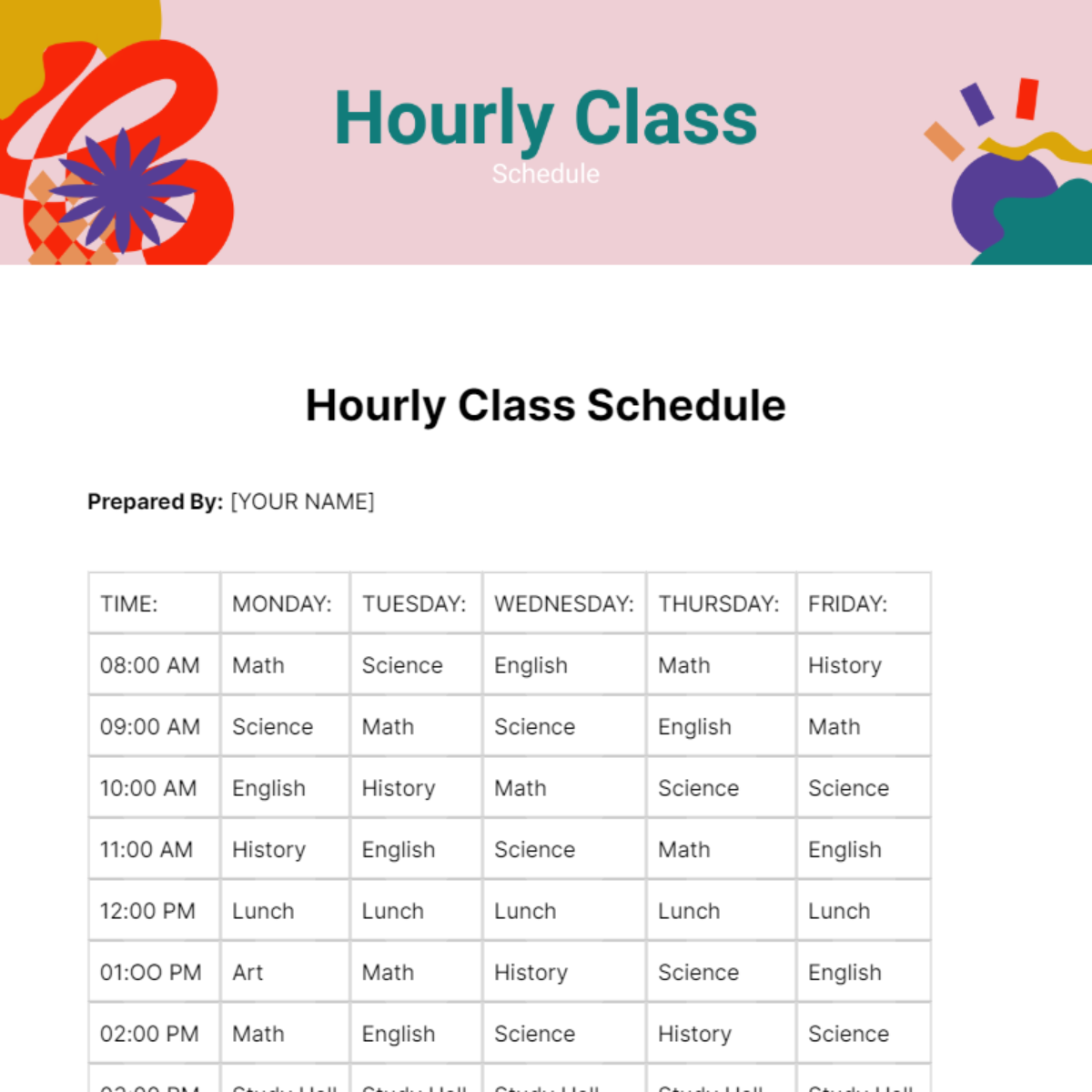 Hourly Class Schedule Template - Edit Online & Download