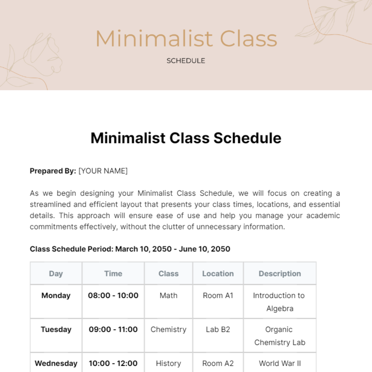 Minimalist Class Schedule Template - Edit Online & Download