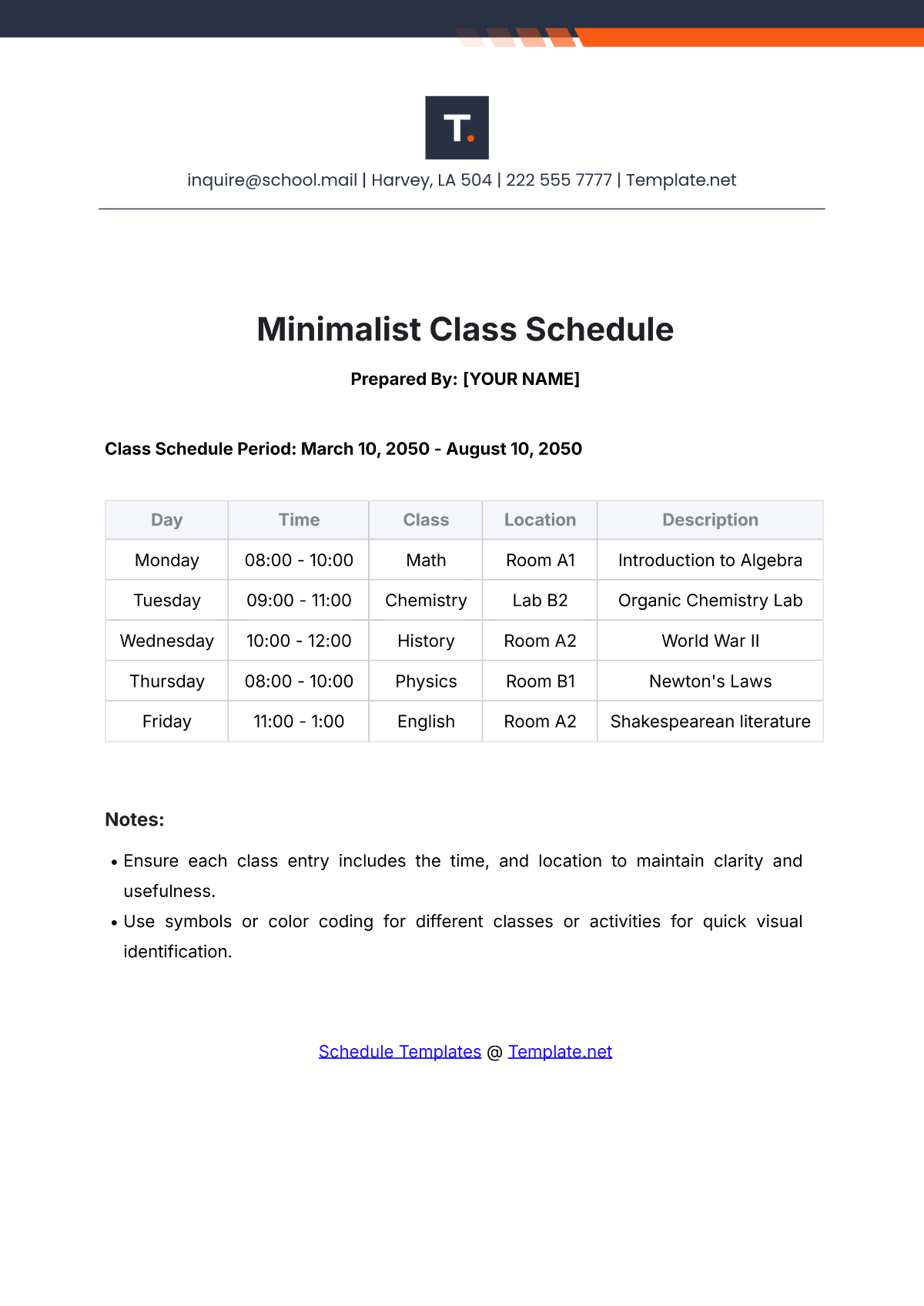 Minimalist Class Schedule Template - Edit Online & Download