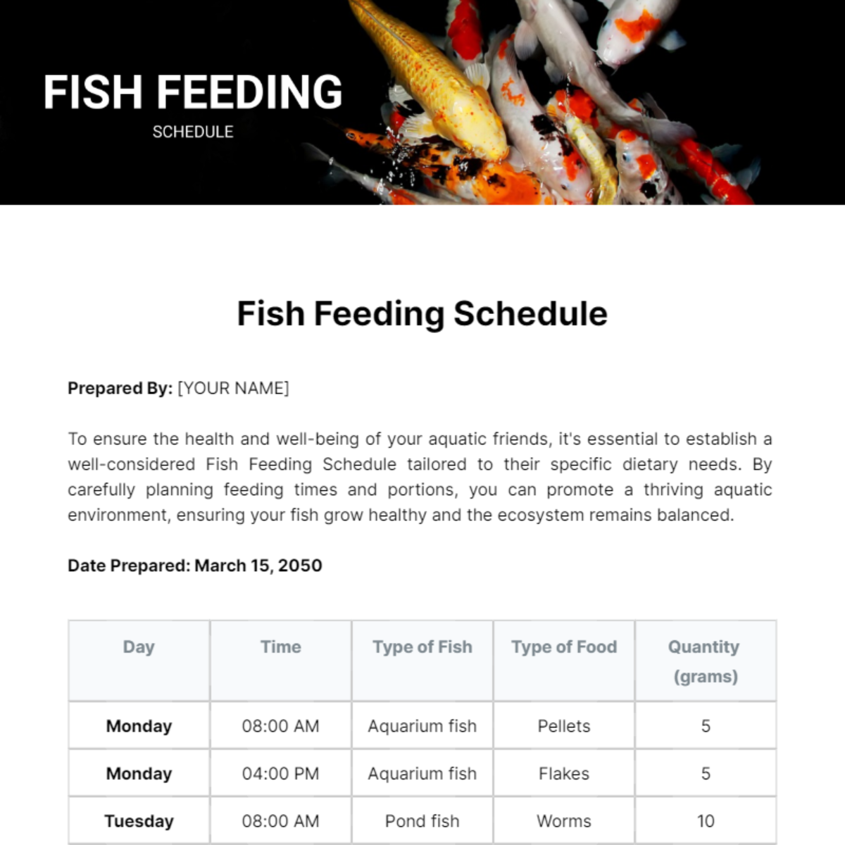 Fish Feeding Schedule Template - Edit Online & Download