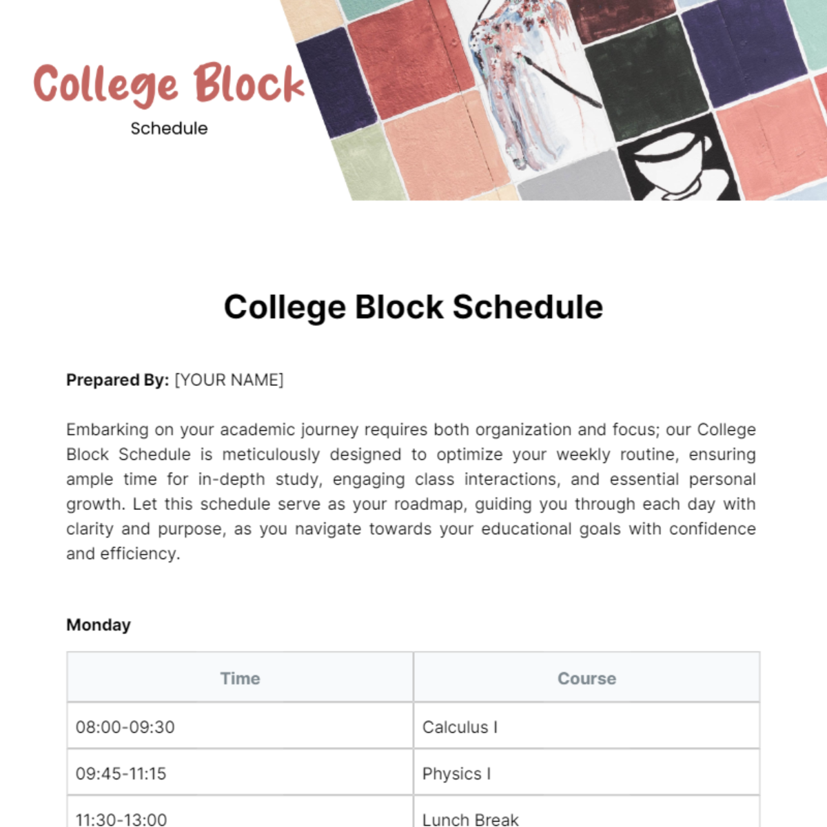 College Block Schedule Template - Edit Online & Download