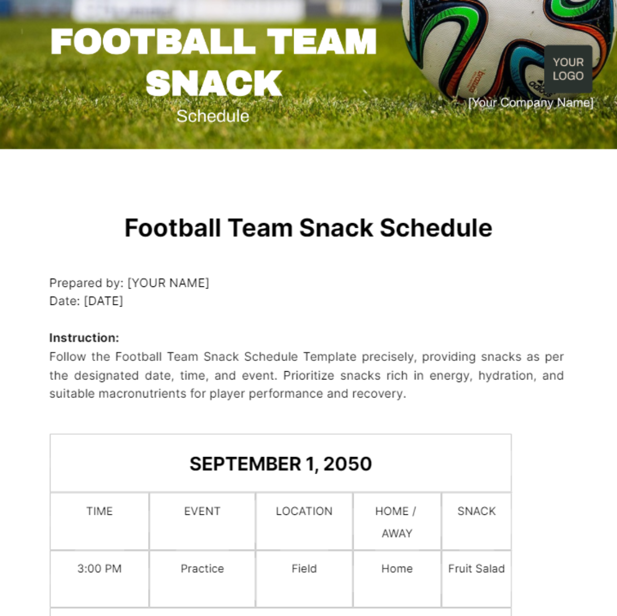 Football Team Snack Schedule Template - Edit Online & Download