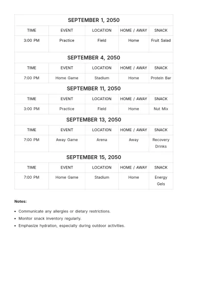Free Football Team Snack Schedule Template to Edit Online