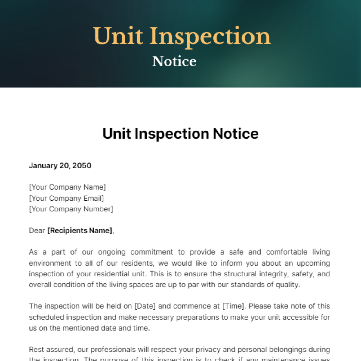 Free Unit Inspection Notice Template