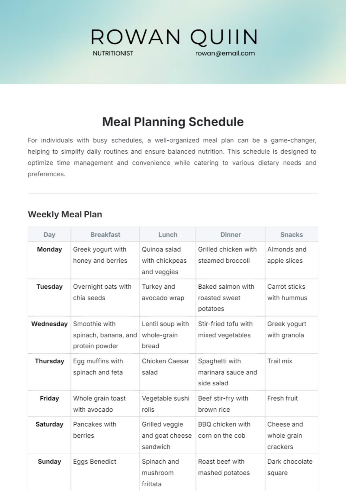 Meal Planning Schedule Template - Edit Online & Download