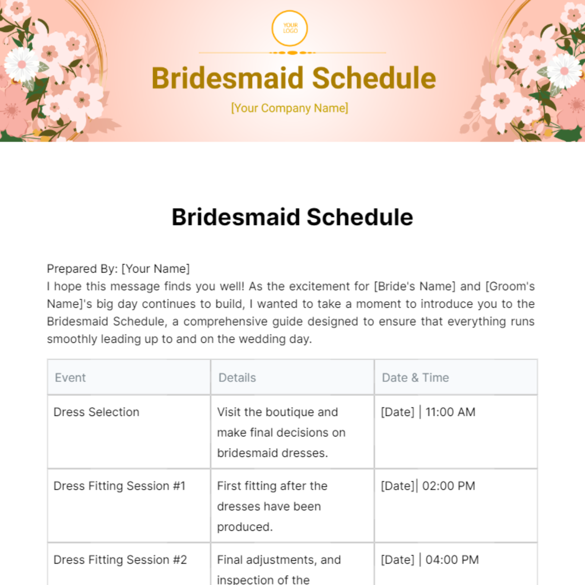 Bridesmaid Schedule Template - Edit Online & Download