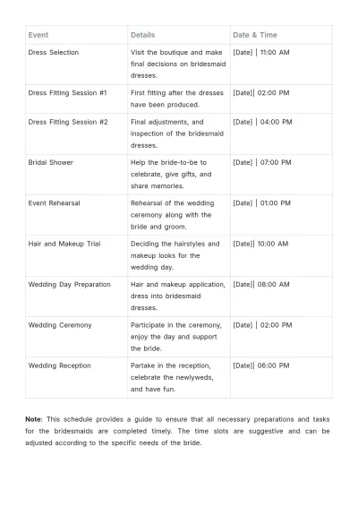 Free Bridesmaid Schedule Template to Edit Online