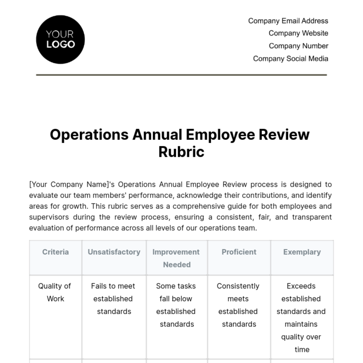Operations Annual Employee Review Rubric Template - Edit Online ...
