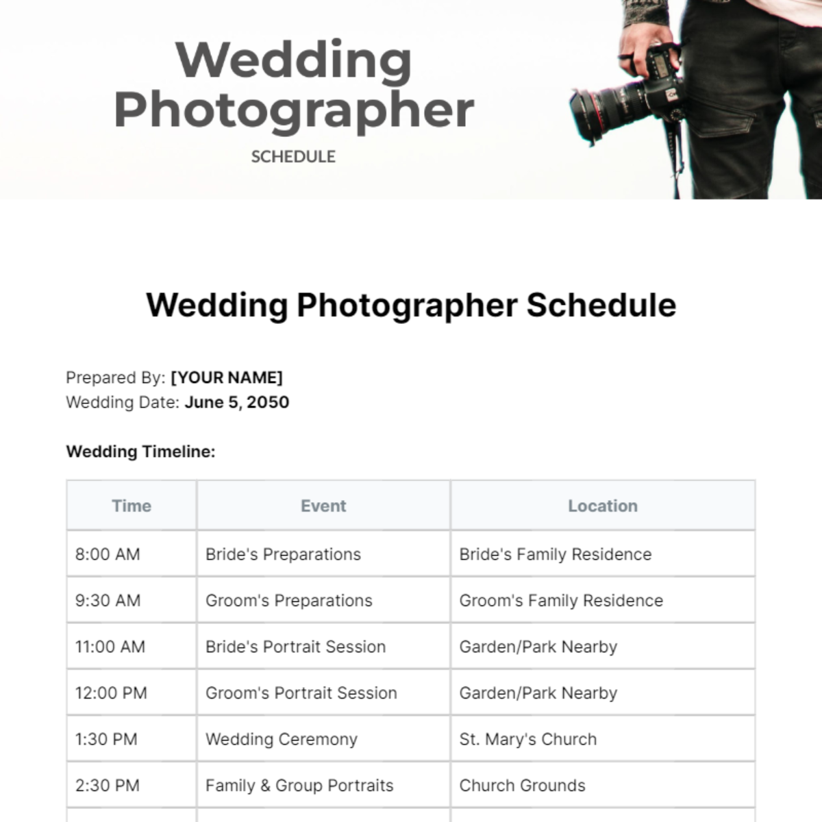 Wedding Photographer Schedule Template - Edit Online & Download