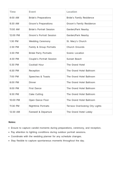 Free Wedding Photographer Schedule Template to Edit Online