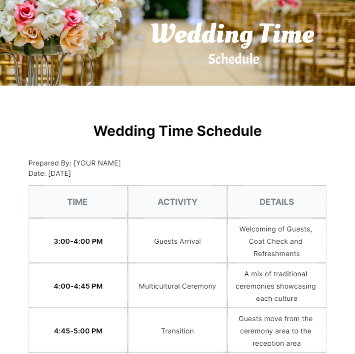 Wedding Time Schedule Template - Edit Online & Download