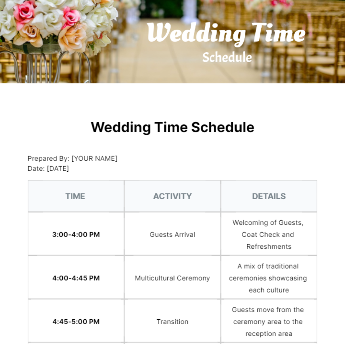 Free Wedding Schedule Templates Editable And Printable