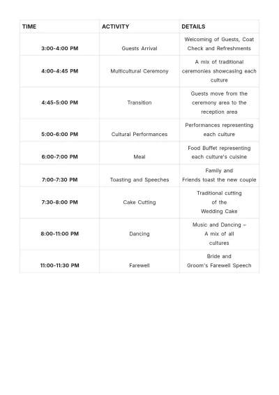 Free Wedding Time Schedule Template to Edit Online
