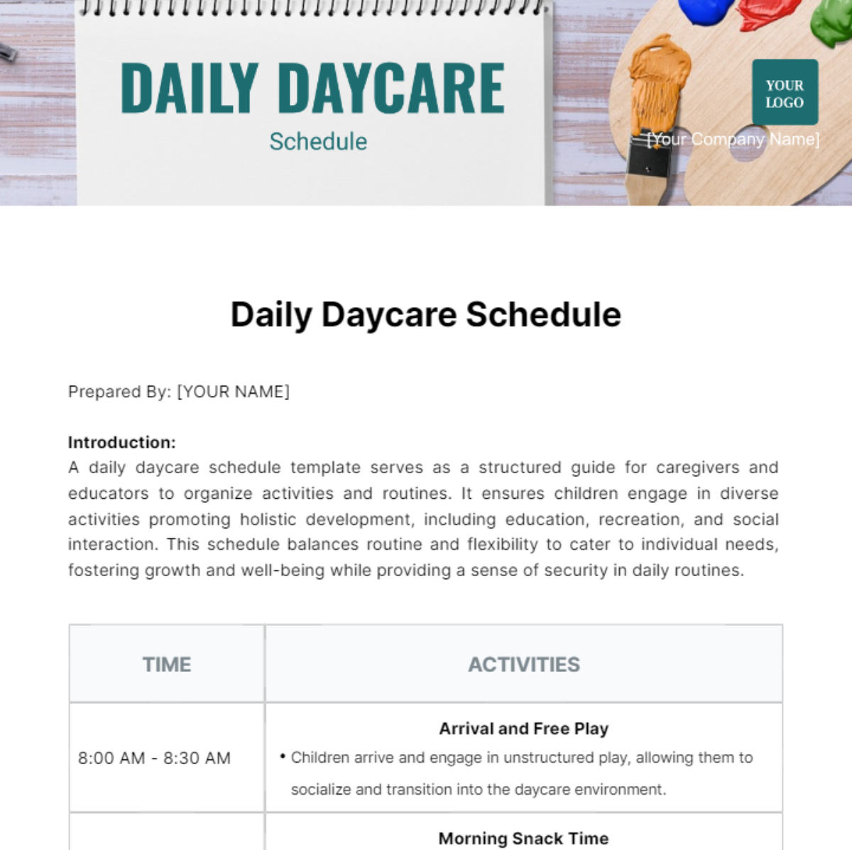 Daily Daycare Schedule Template - Edit Online & Download