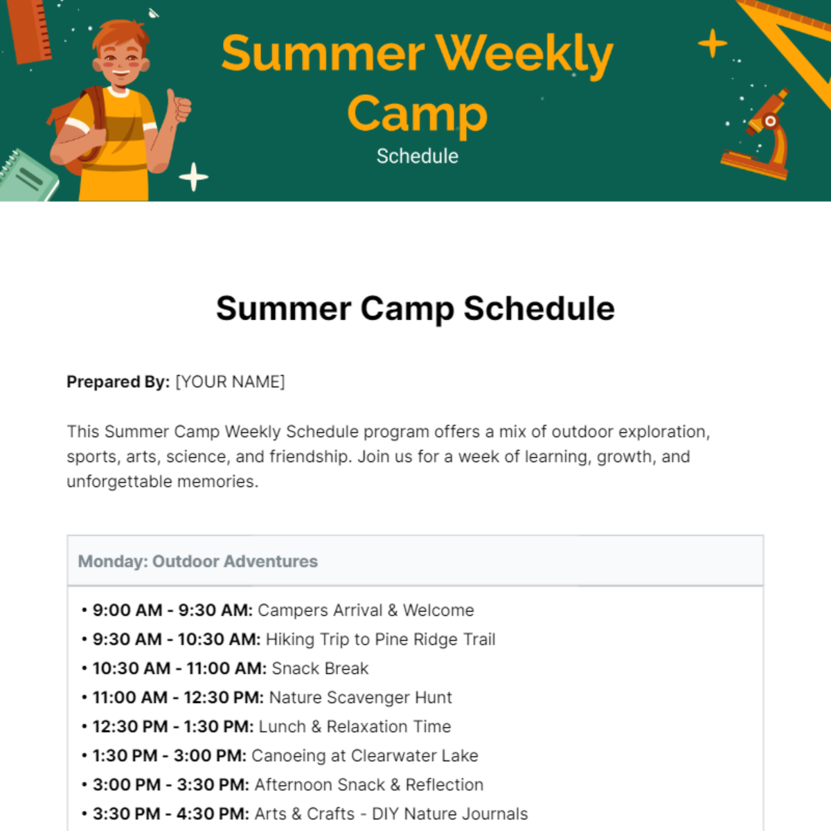 Summer Camp Weekly Schedule Template - Edit Online & Download