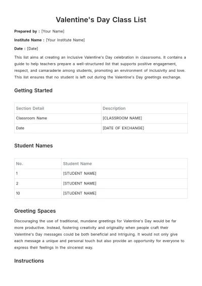 Free Valentine's Day Class List Template to Edit Online