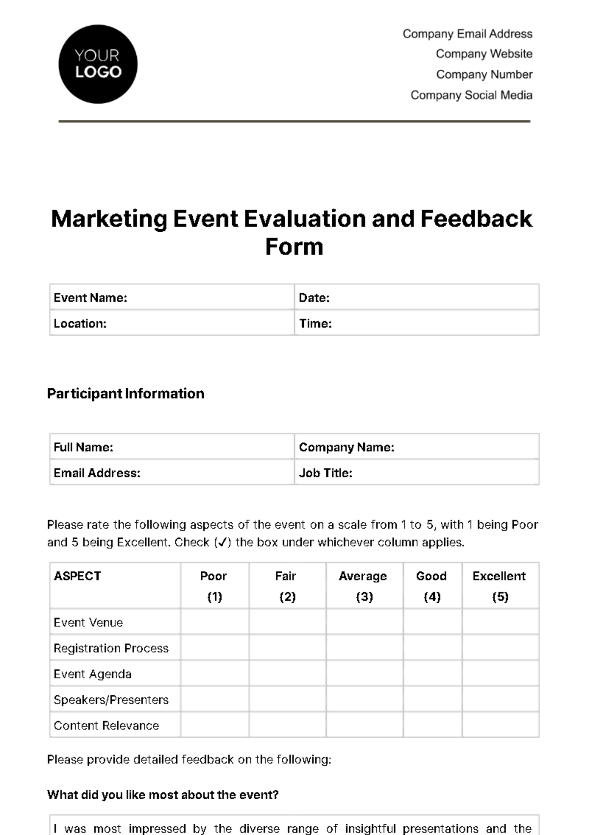 Marketing Event Evaluation and Feedback Form Template
