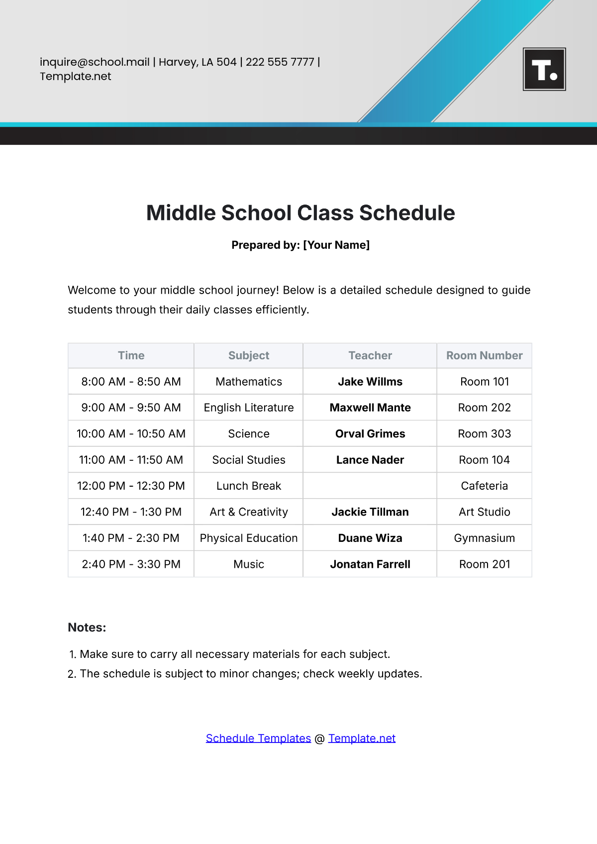 Middle School Class Schedule Template - Edit Online & Download