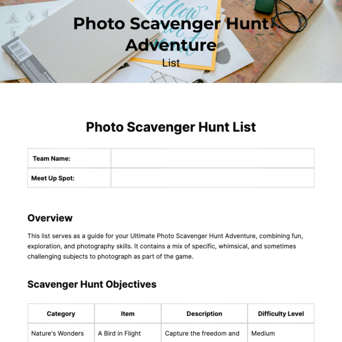 Photo Scavenger Hunt List Template