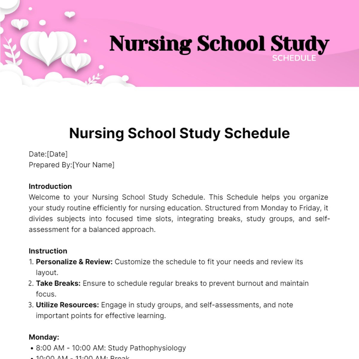 Nursing School Study Schedule Template - Edit Online & Download