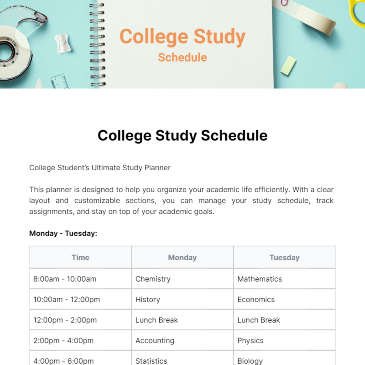 College Study Schedule Template - Edit Online & Download