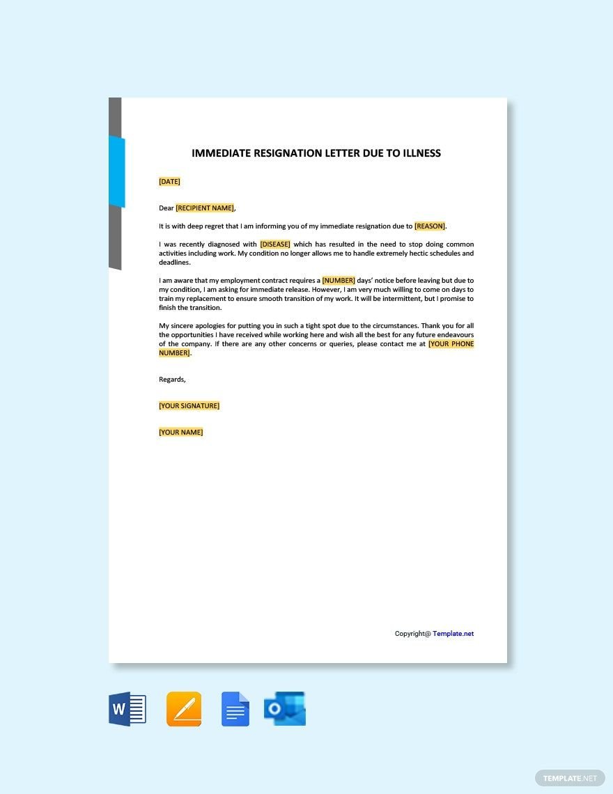 Immediate Resignation Letter Due to Illness in Word, Google Docs, PDF, Apple Pages, Outlook