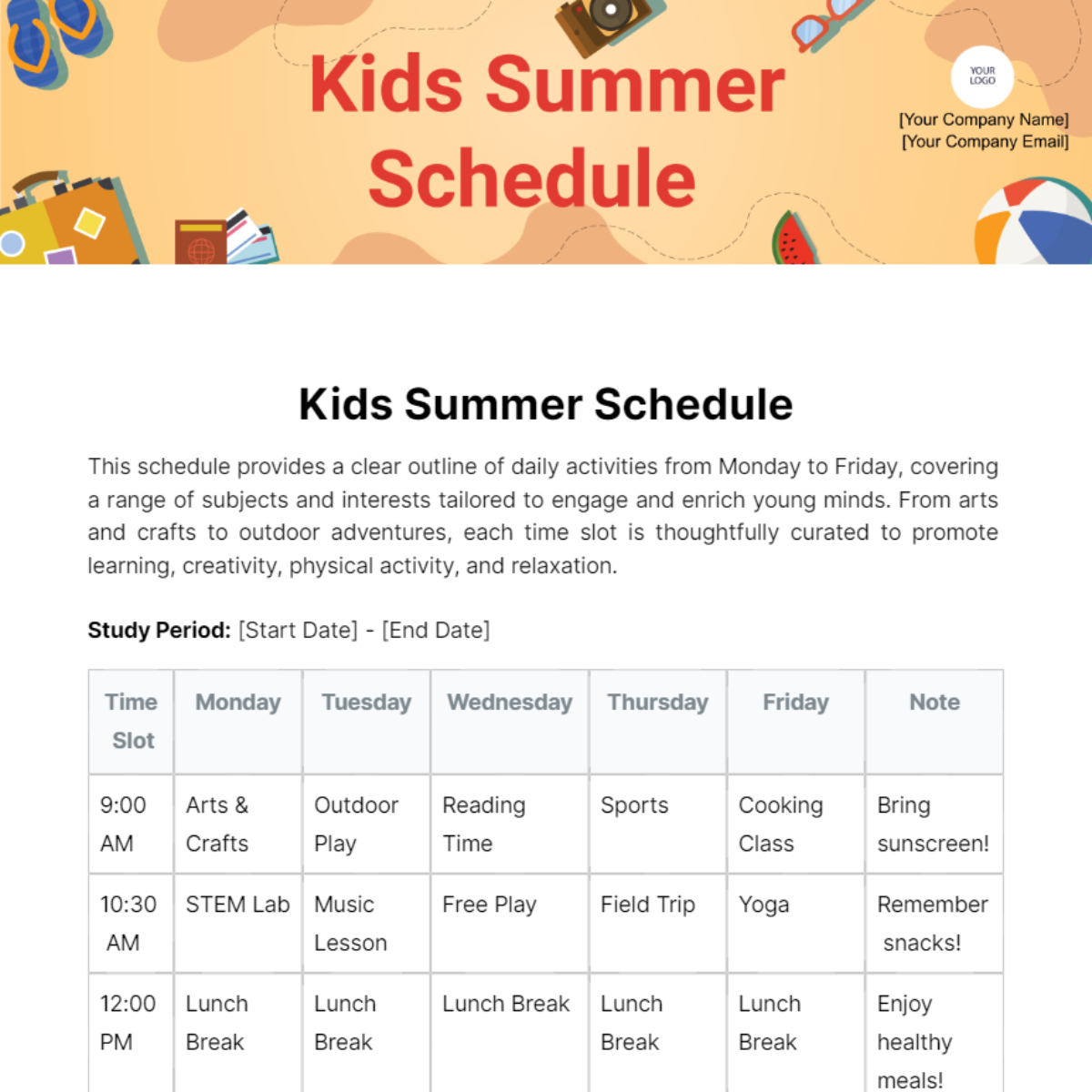 Kids Summer Schedule Template - Edit Online & Download