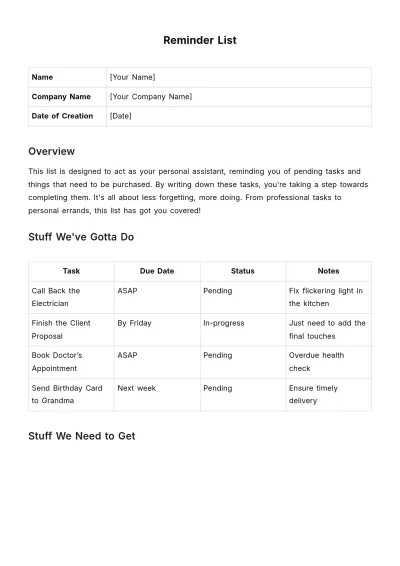 Free Reminder List Template to Edit Online