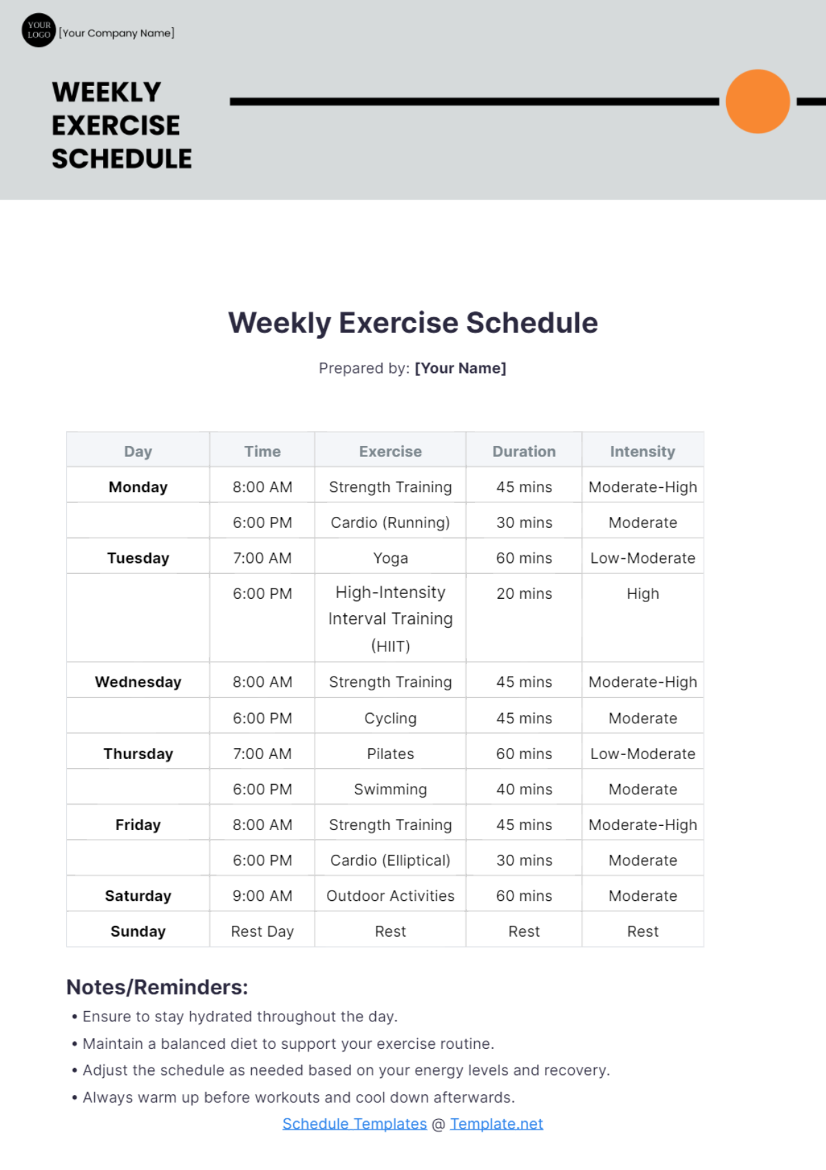 Weekly Exercise Schedule Template - Edit Online & Download