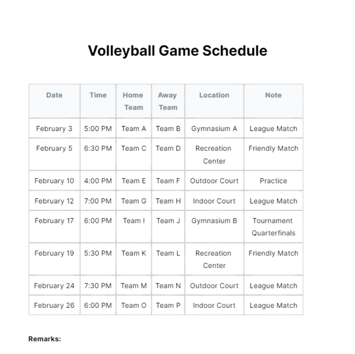 Volleyball Game Schedule Template - Edit Online & Download