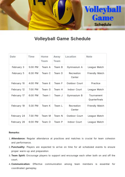 Free Volleyball Game Schedule Template to Edit Online