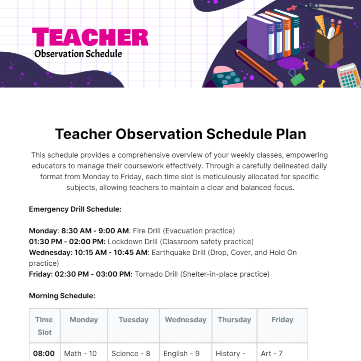 Teacher Observation Schedule Template - Edit Online & Download