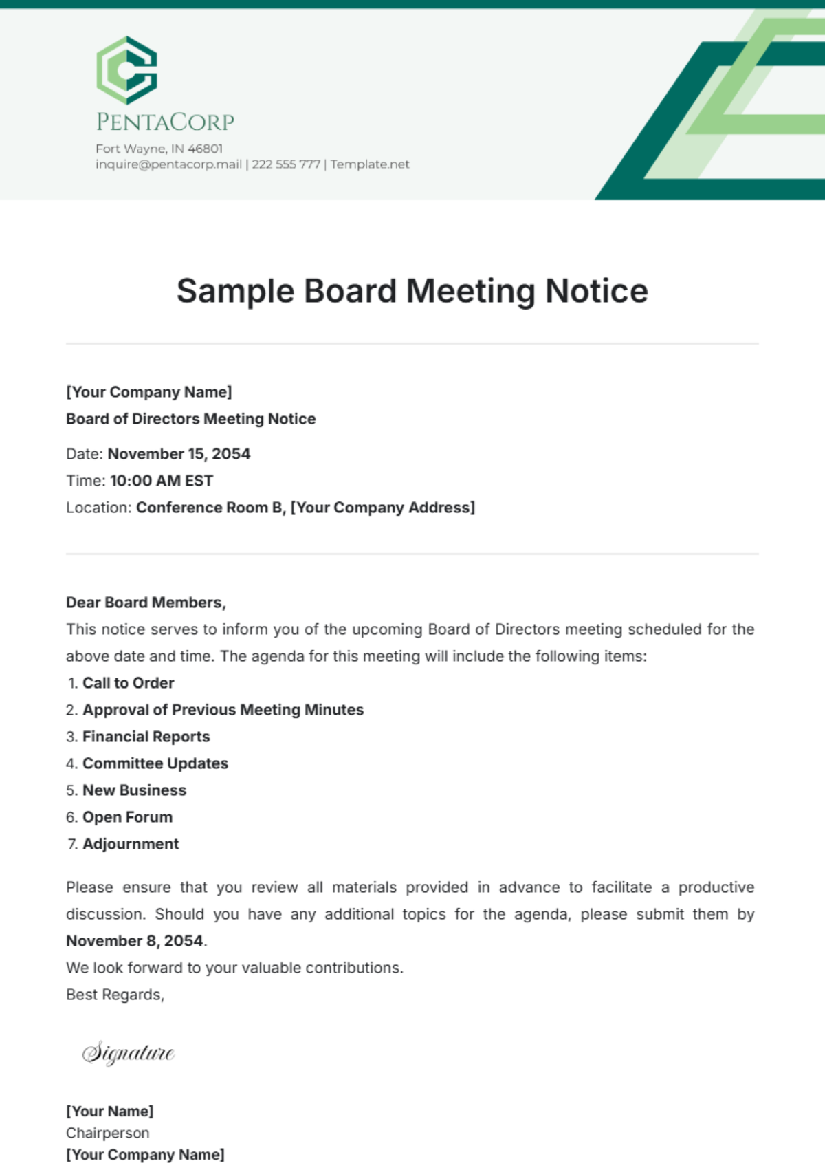 Sample Board Meeting Notice Template - Edit Online & Download